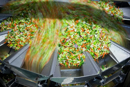 Mixing and sorting cut vegetables in a food processing plant