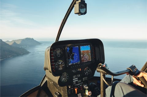 helicopter cockpit with flight controls